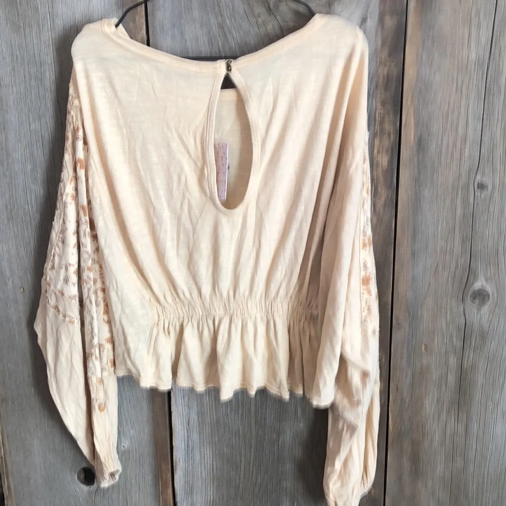 Free People Throwback Embroidered Volume Sleeve Top in Sand Combo Size Medium